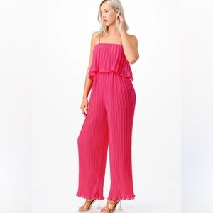 AARON & AMBER Pleated Wide Leg Jumpsuit Spaghetti Strap Hot Pink Ruffled Edges S